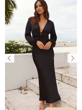 Billy J Amara Black Satin Maxi Dress Long Sleeve AU 12 US 8-10